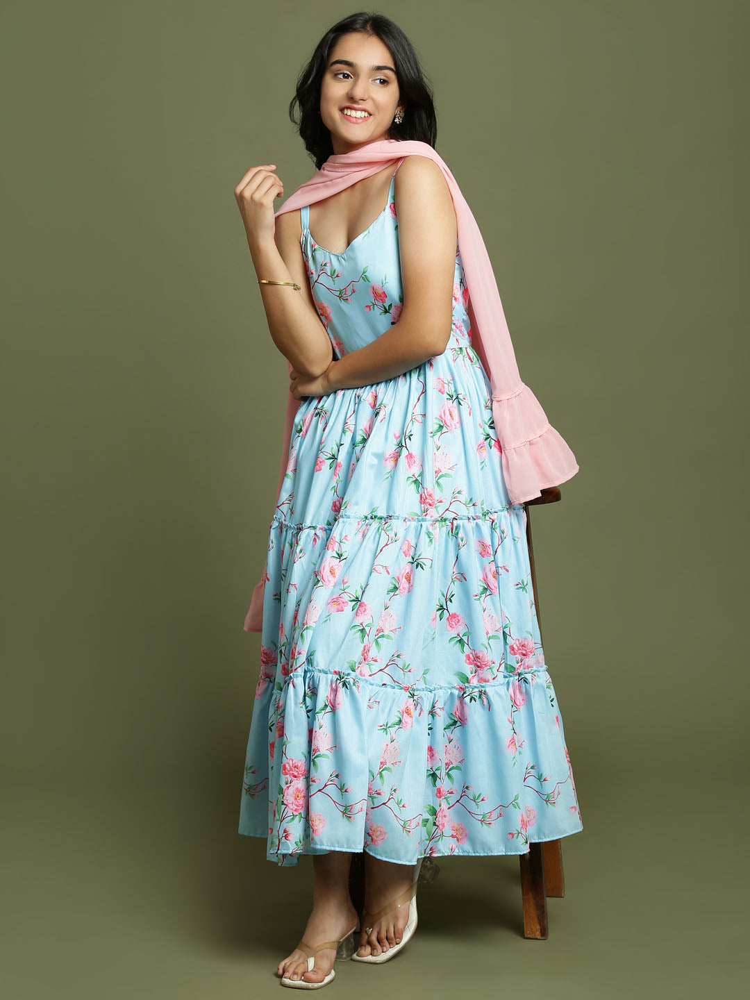 Yuva By VASTRAMAY Girl's Aqua Floral Print Anarkali With Pink Dupatta - qivii