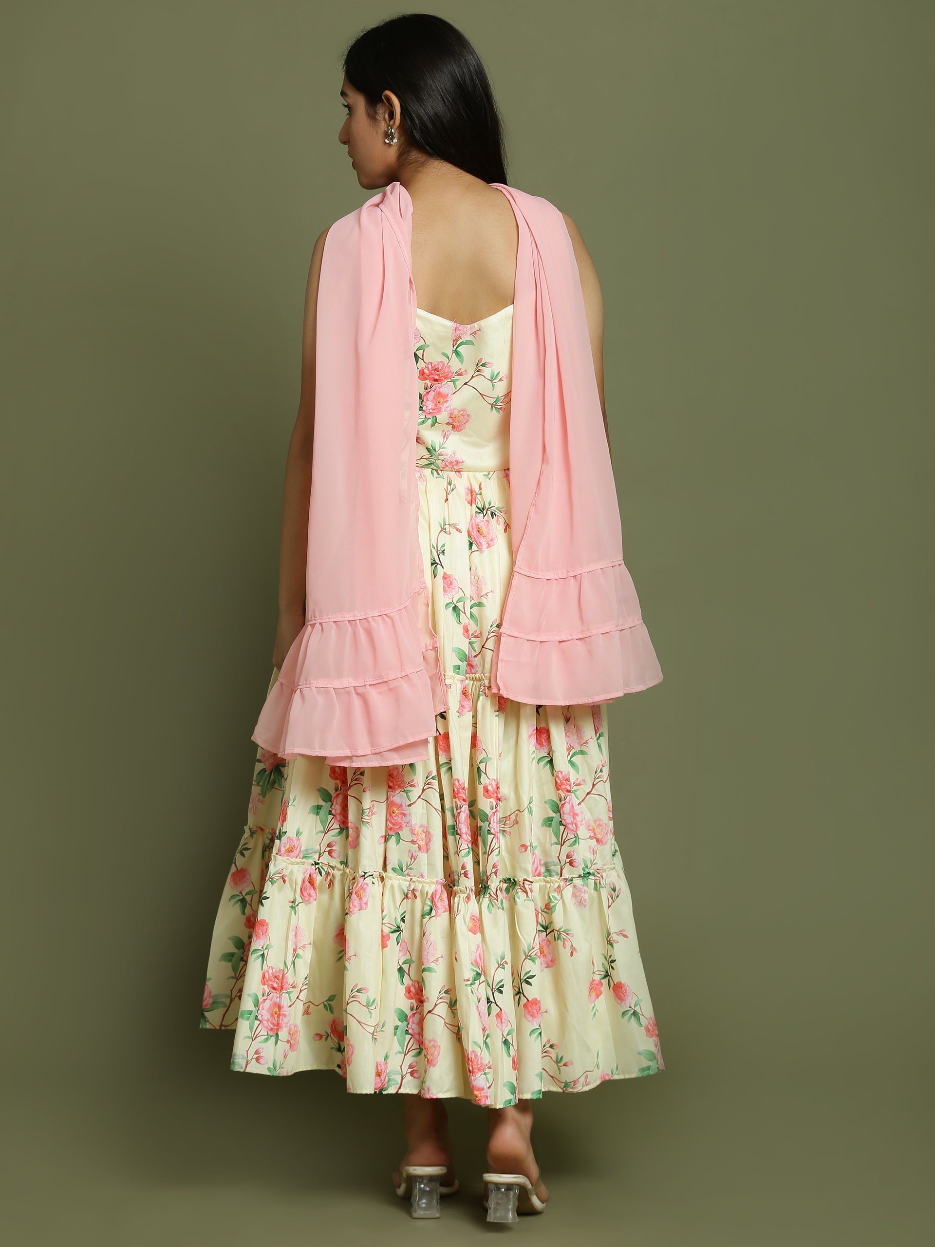 Yuva By VASTRAMAY Girl's Light Yellow Floral Print Anarkali With Pink Dupatta - qivii