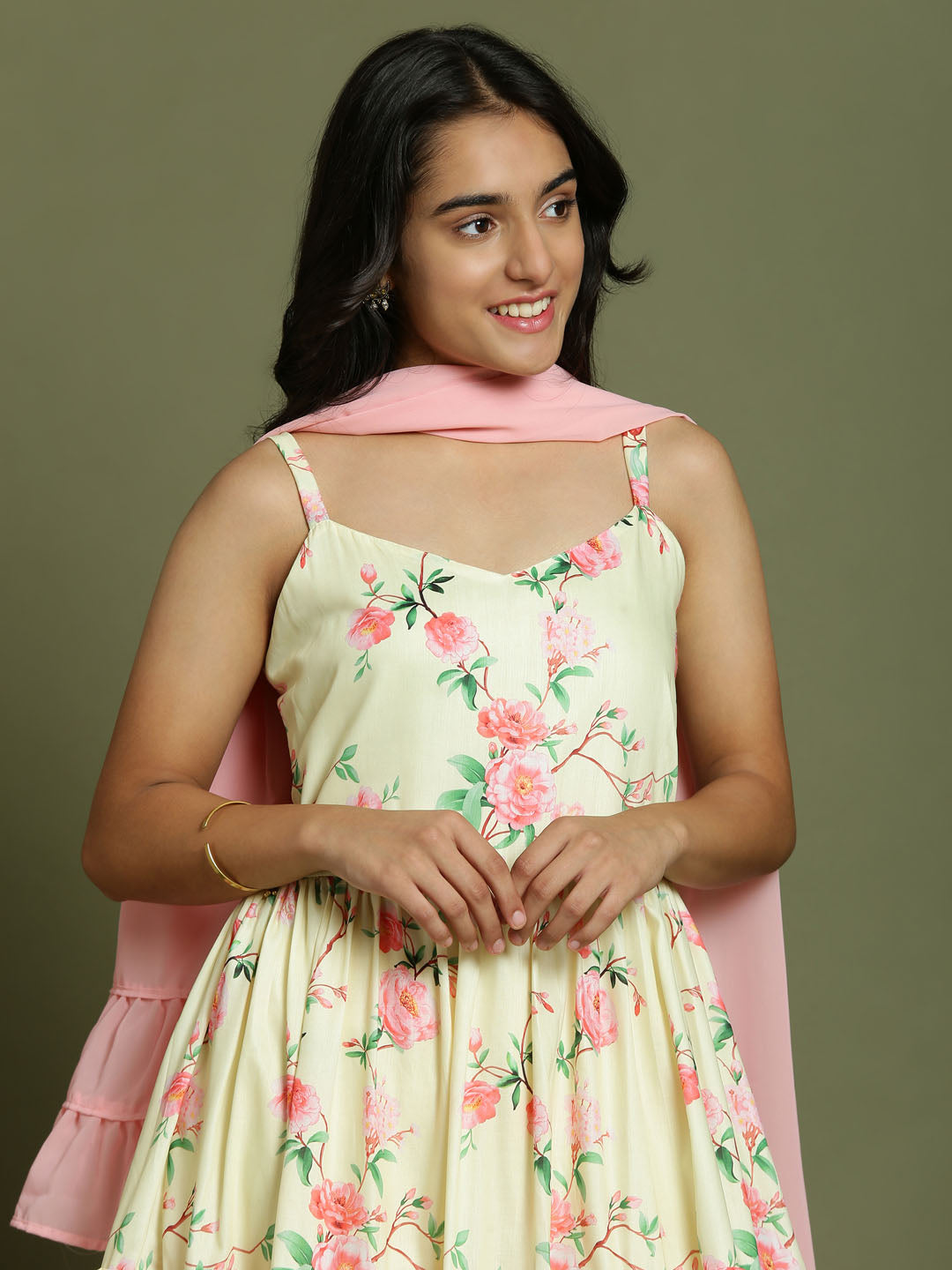 Yuva By VASTRAMAY Girl's Light Yellow Floral Print Anarkali With Pink Dupatta - qivii