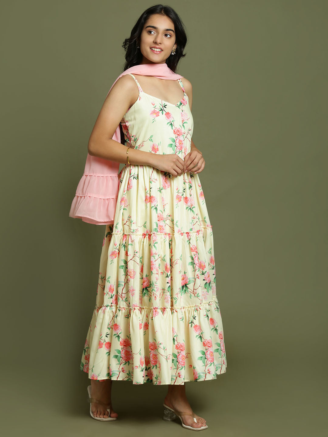 Yuva By VASTRAMAY Girl's Light Yellow Floral Print Anarkali With Pink Dupatta - qivii