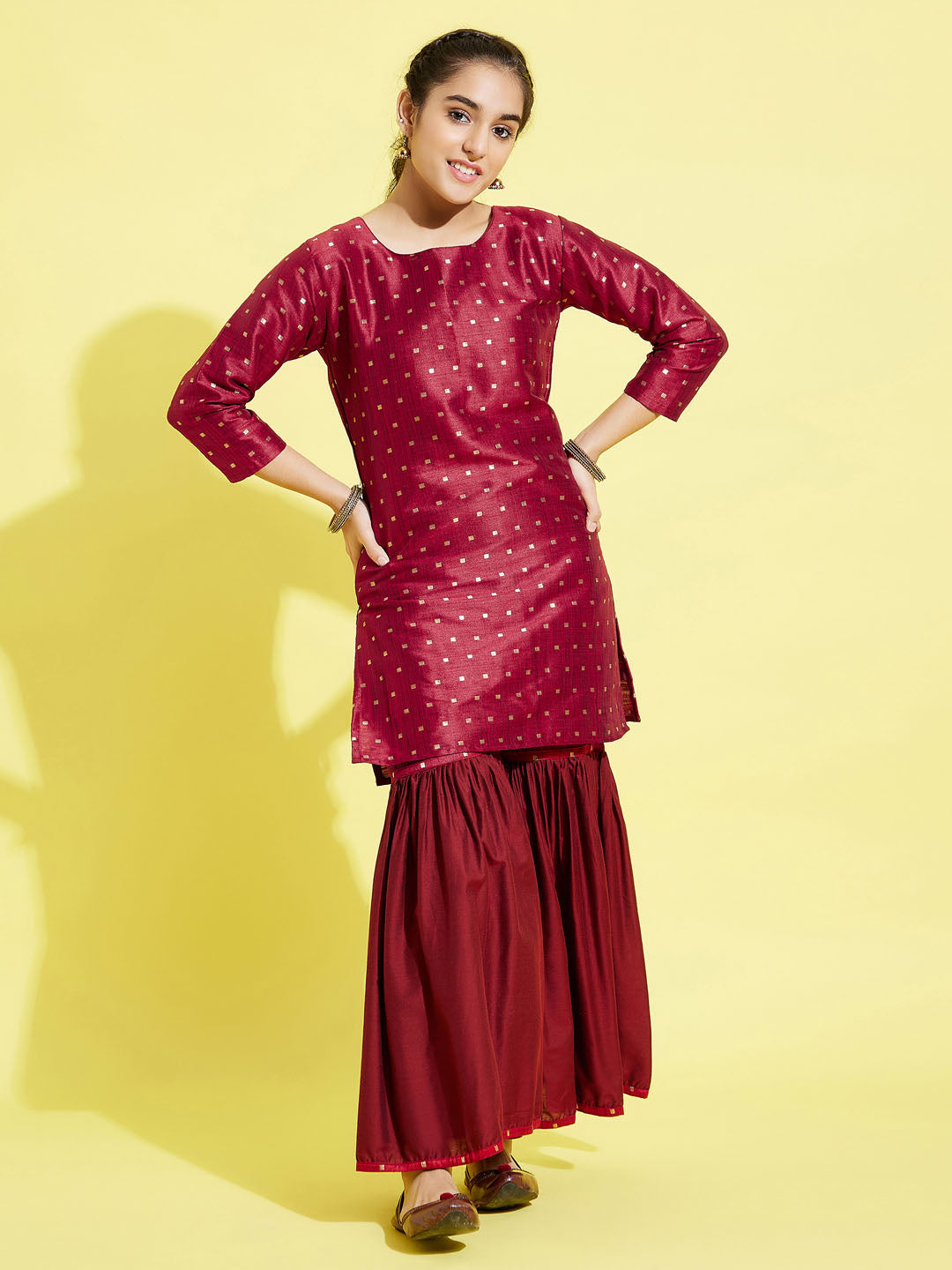 VASTRAMAY Girls' Maroon Zari Kurta And Sharara Set - qivii