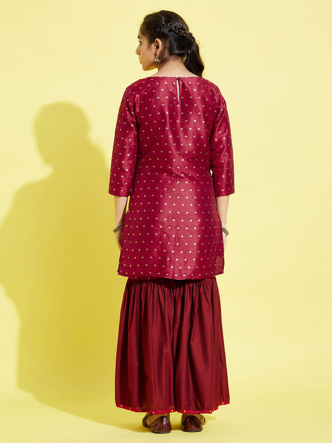 VASTRAMAY Girls' Maroon Zari Kurta And Sharara Set - qivii
