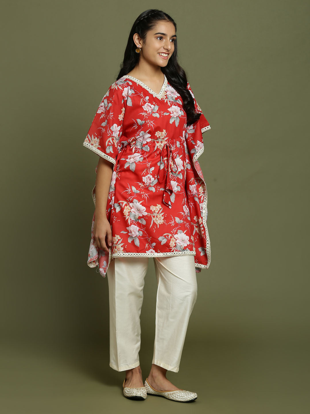 Yuva By VASTRAMAY Girls Red Floral Printed Kaftan Kurta With Cream Pant Set - qivii