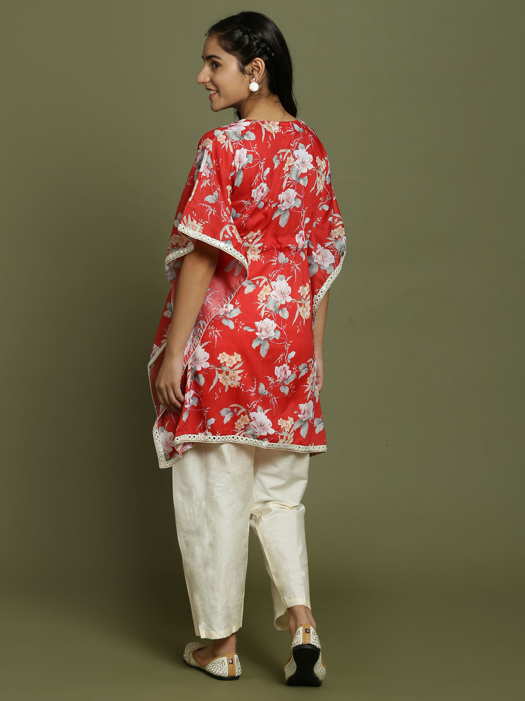 Yuva By VASTRAMAY Girls Red Floral Printed Kaftan Kurta With Cream Pant Set - qivii