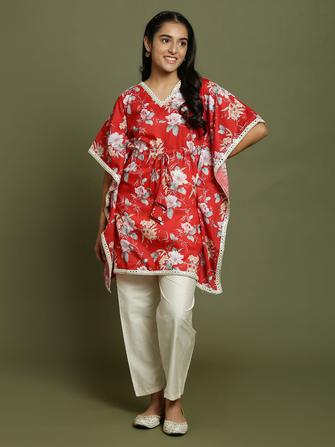 Yuva By VASTRAMAY Girls Red Floral Printed Kaftan Kurta With Cream Pant Set - qivii