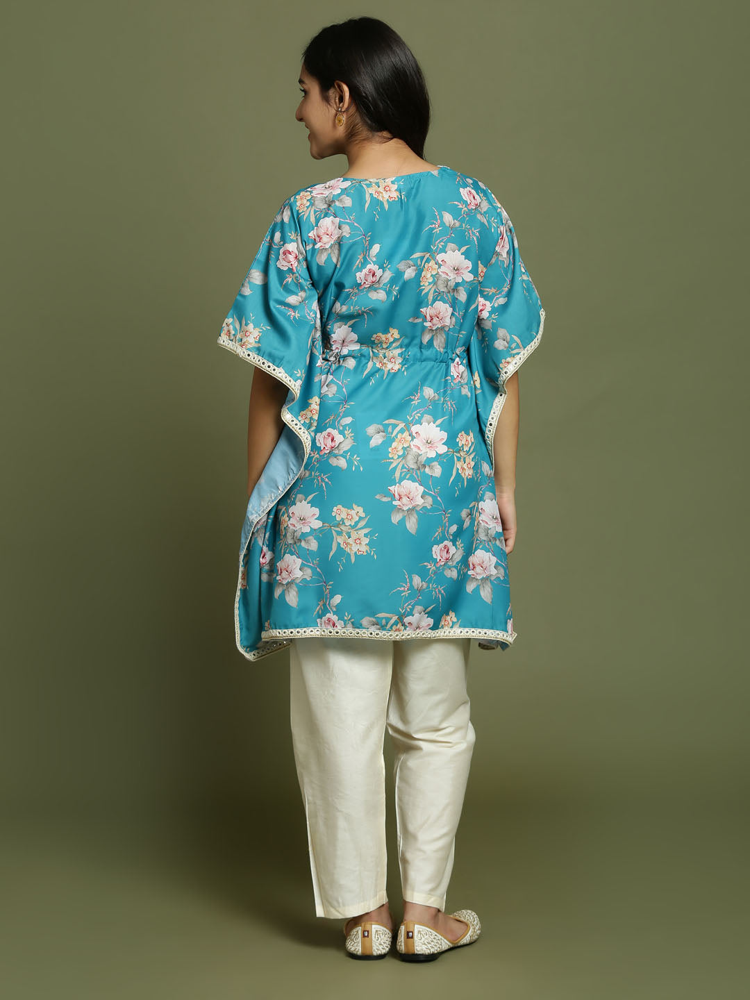 Yuva By VASTRAMAY Girls Turquoise Blue Floral Printed Kaftan Kurta With Cream Pant Set - qivii