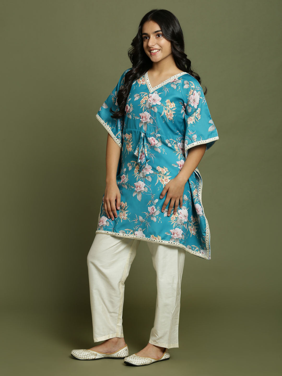 Yuva By VASTRAMAY Girls Turquoise Blue Floral Printed Kaftan Kurta With Cream Pant Set - qivii