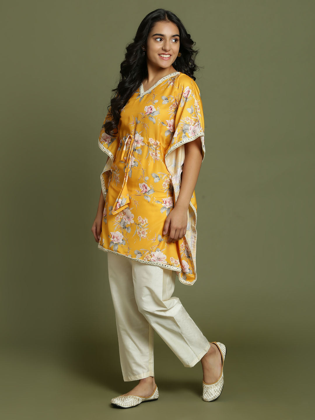 Yuva By VASTRAMAY Girls Yellow Floral Printed Kaftan Kurta With Cream Pant Set - qivii