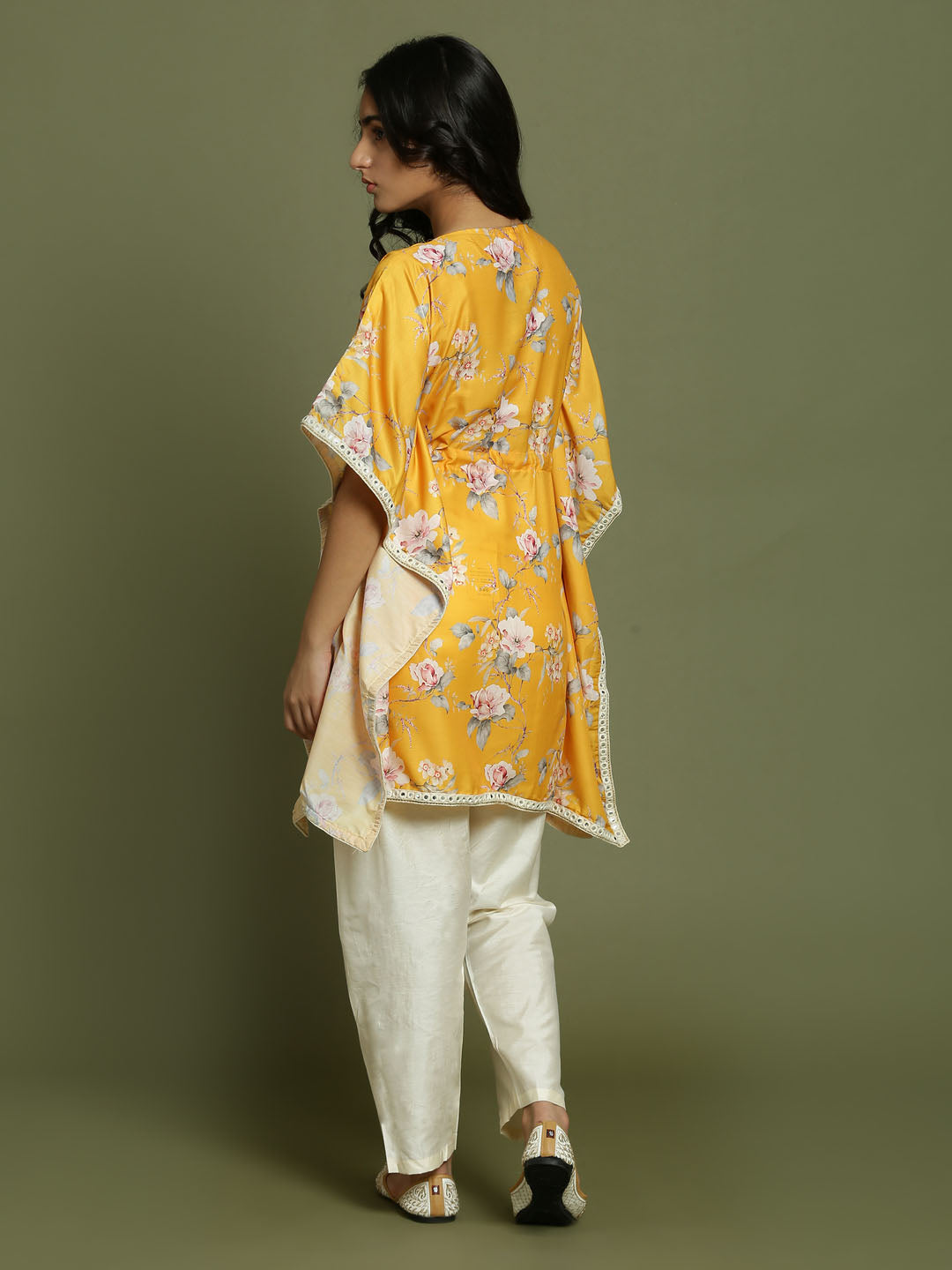 Yuva By VASTRAMAY Girls Yellow Floral Printed Kaftan Kurta With Cream Pant Set - qivii