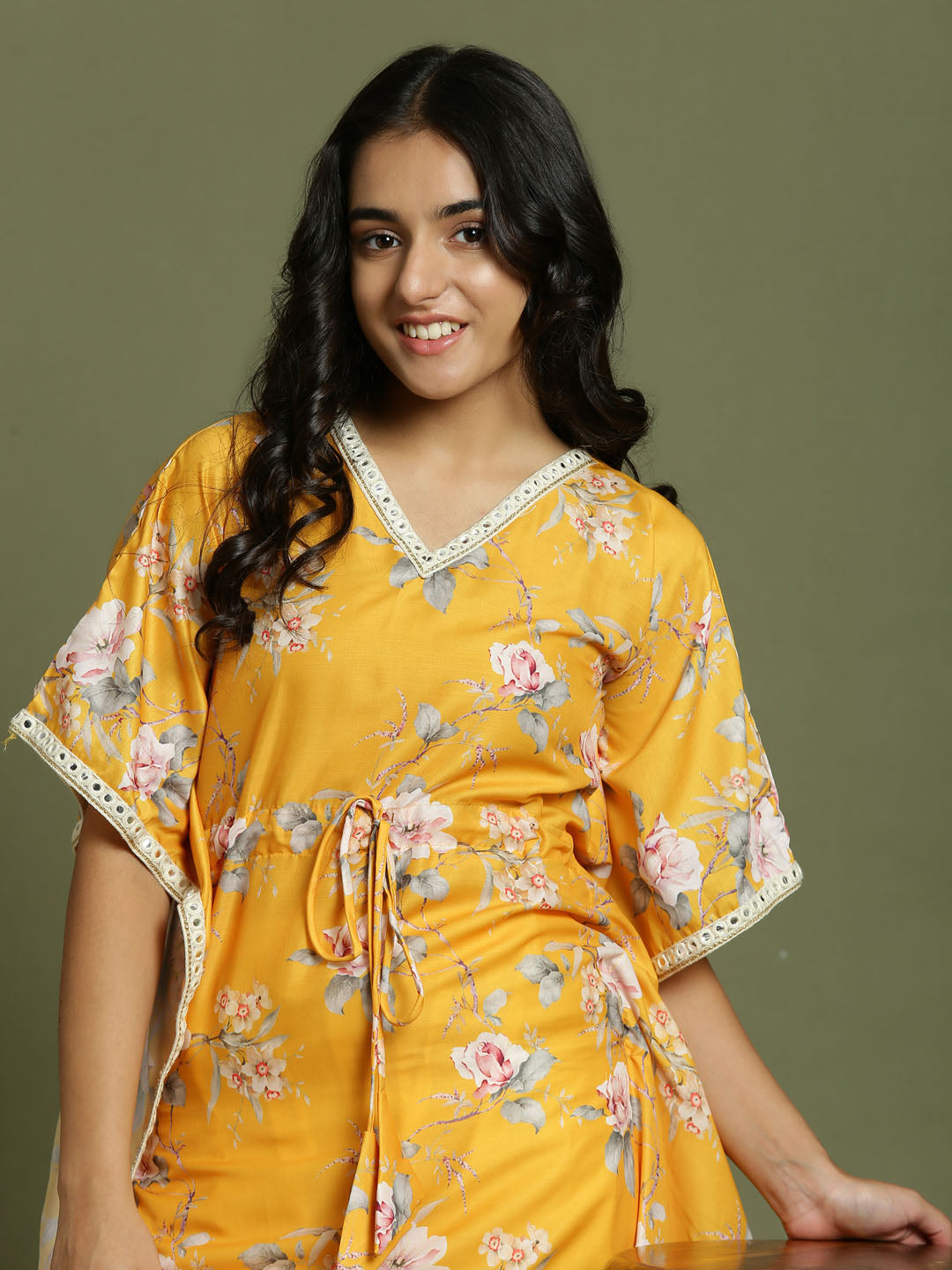 Yuva By VASTRAMAY Girls Yellow Floral Printed Kaftan Kurta With Cream Pant Set - qivii