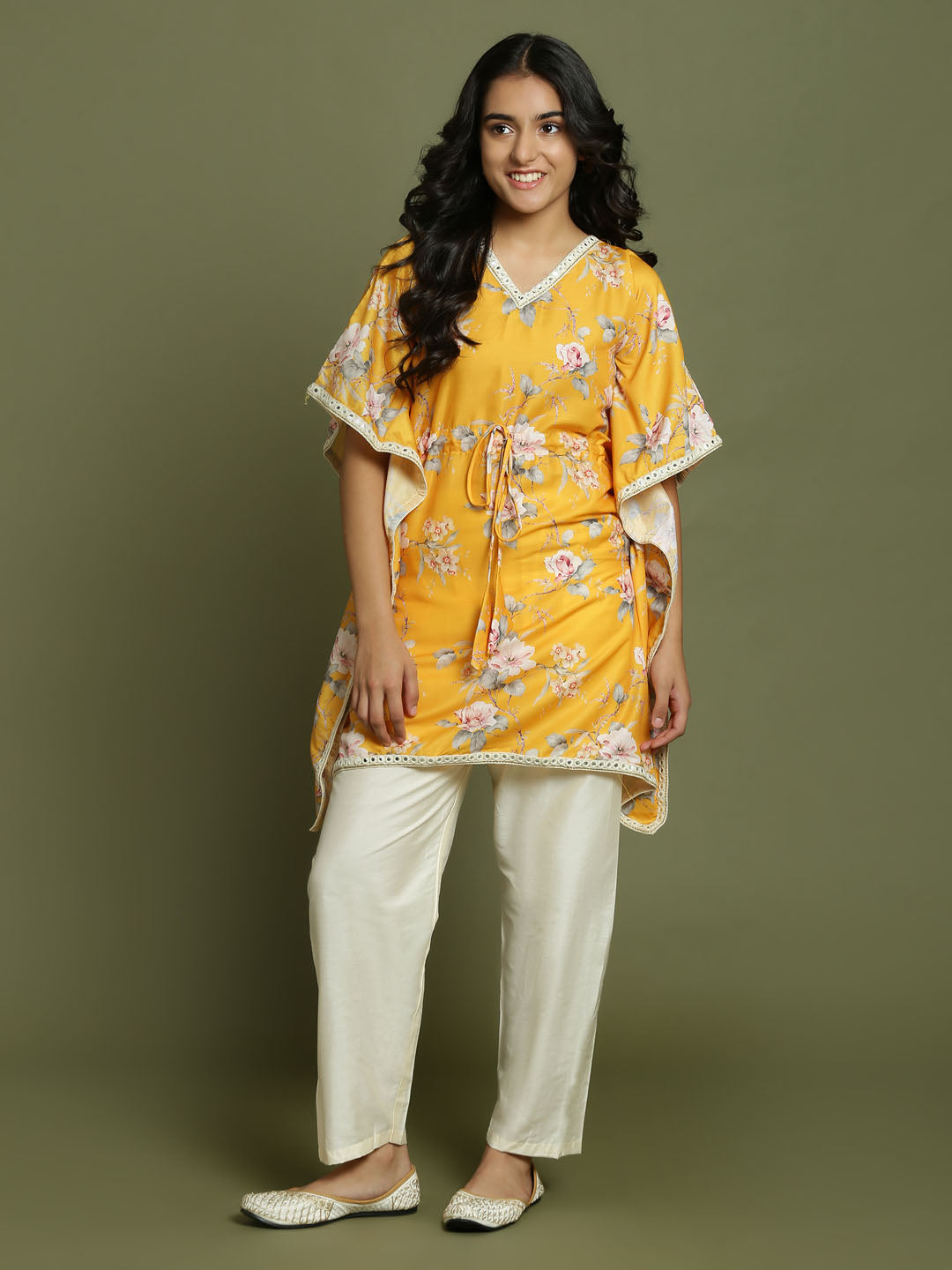 Yuva By VASTRAMAY Girls Yellow Floral Printed Kaftan Kurta With Cream Pant Set - qivii