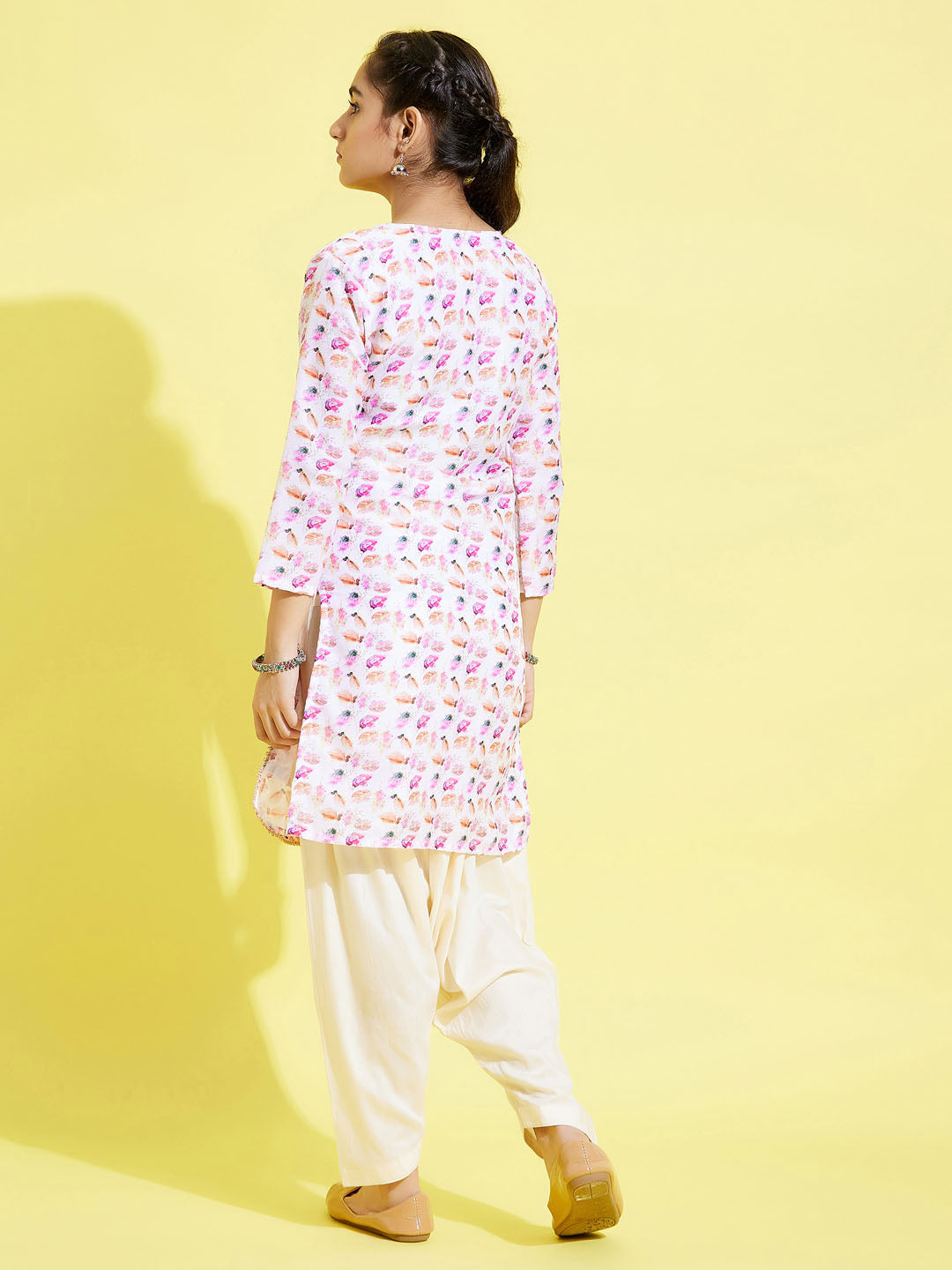 VASTRAMAY Girls' White Floral Printed Linen Kurta And Cream Patiala Set - qivii