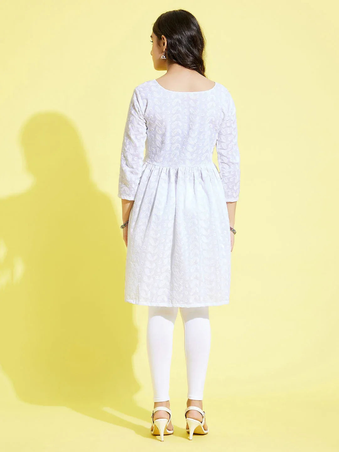 Girl's White Pure Cotton Chikankari Kurta With Leggings Set