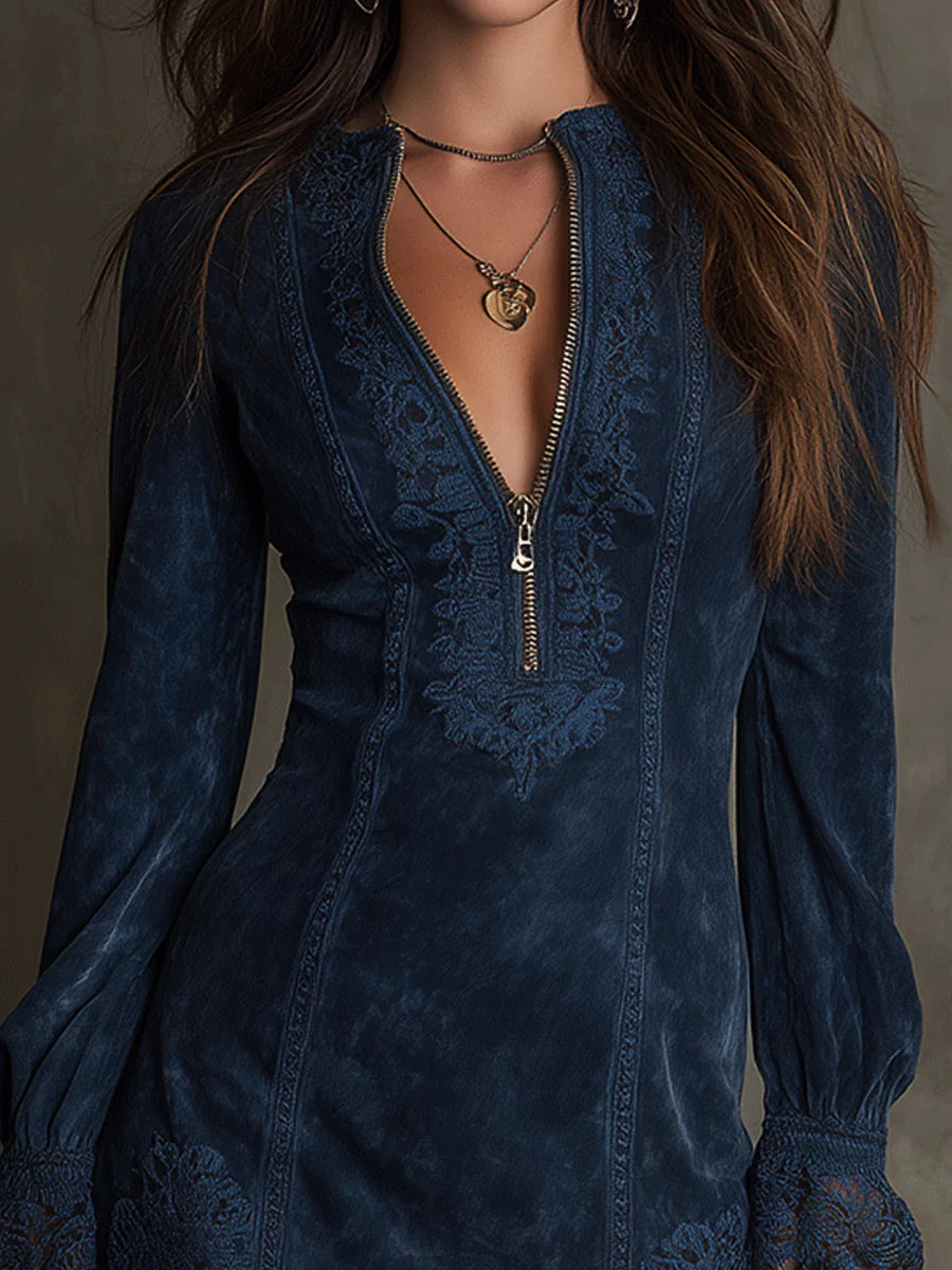 Azulena ❘ Blauwe tuniek met borduursel en rits - By Qivii