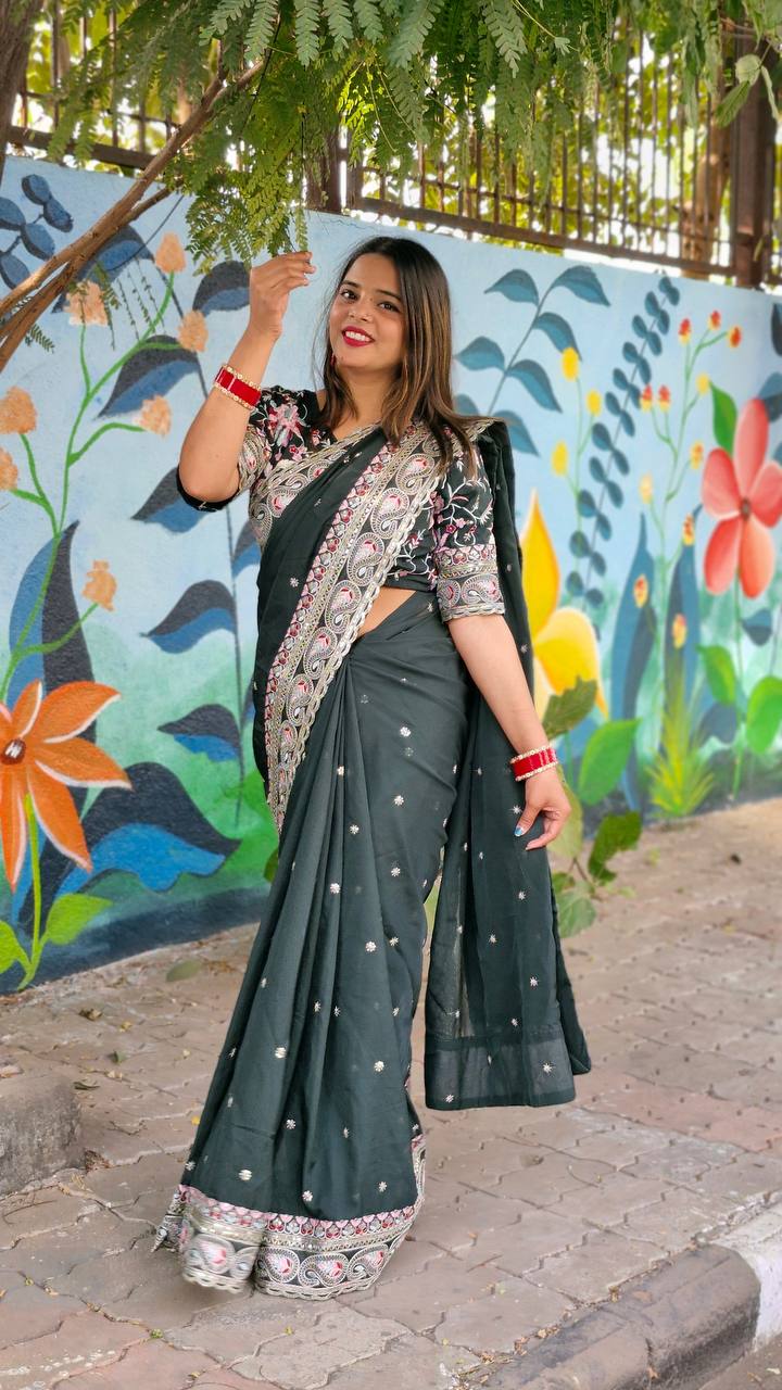 ORGENZA SILK WITH SEQUENCE EMBROIDERY DESIGN WITH EMBROIDERY LACE WORK SAREE - INSPIRED - qivii