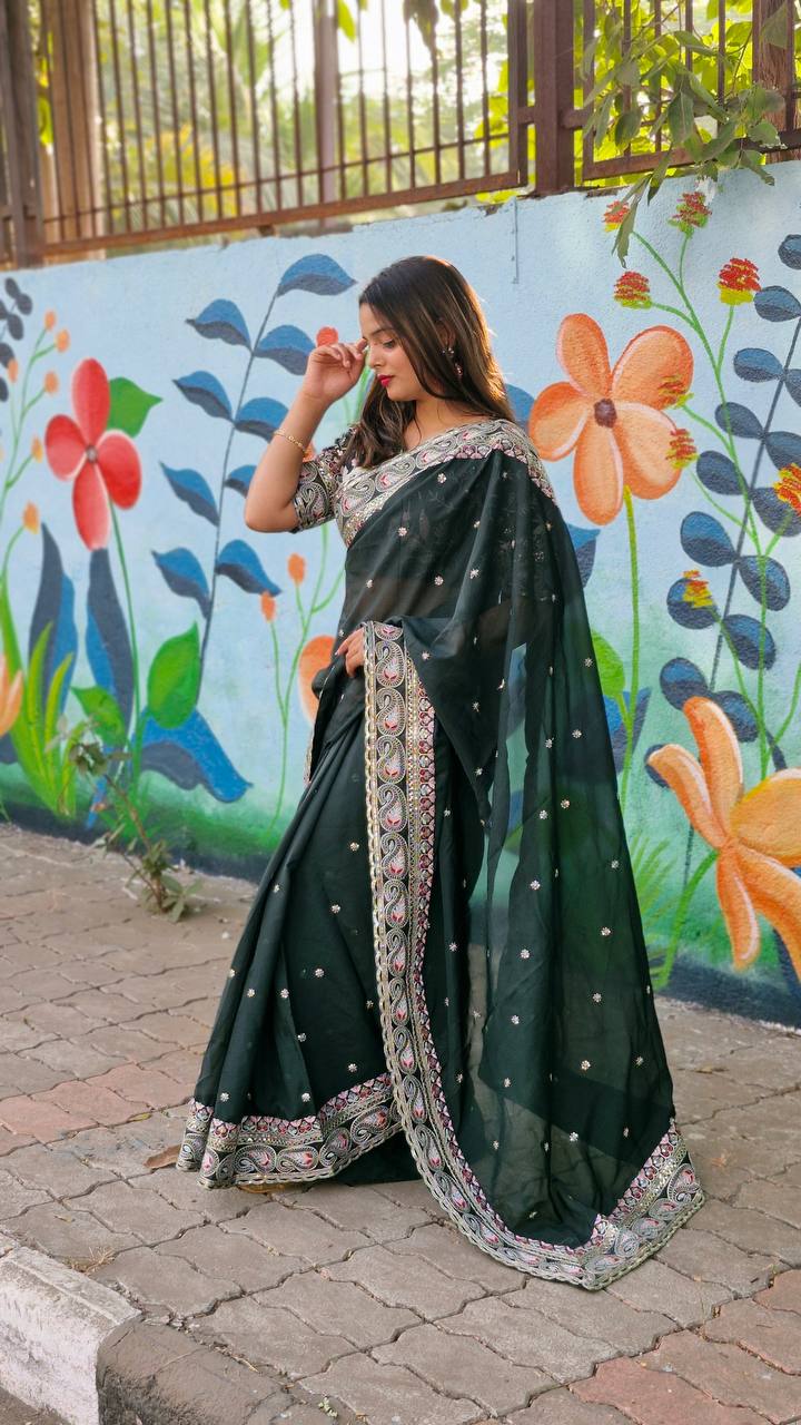 ORGENZA SILK WITH SEQUENCE EMBROIDERY DESIGN WITH EMBROIDERY LACE WORK SAREE - INSPIRED - qivii