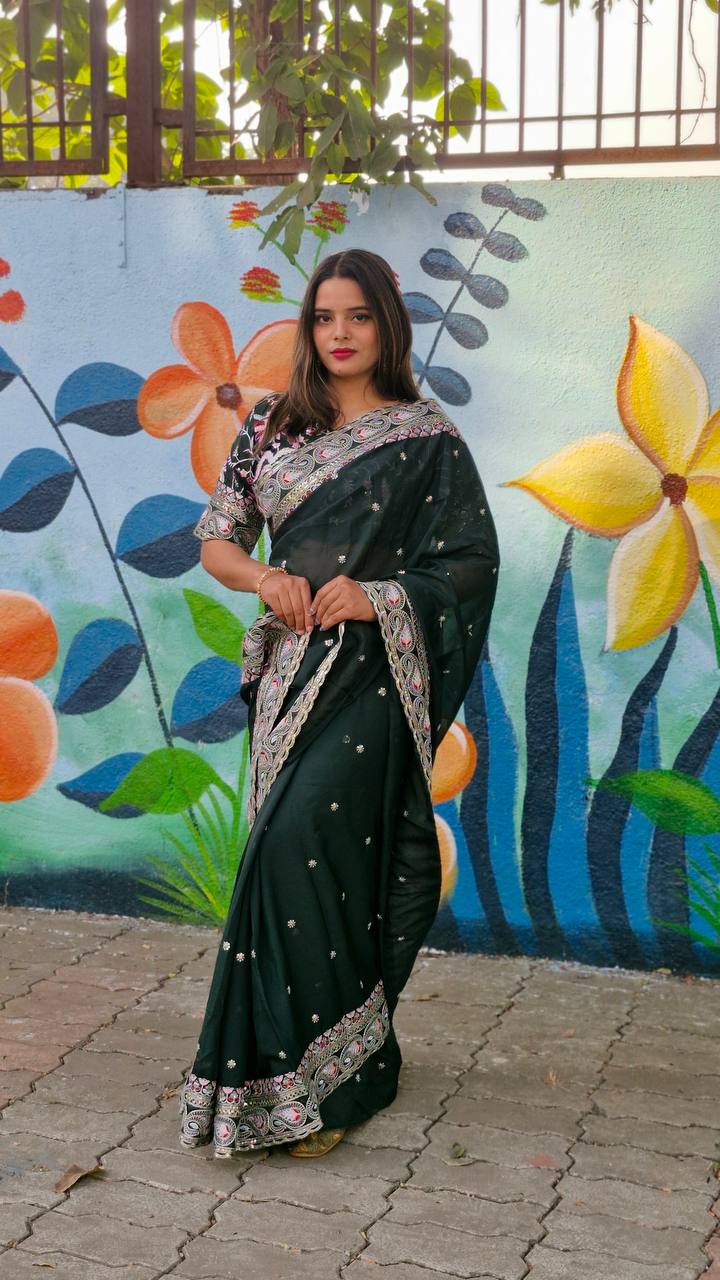 ORGENZA SILK WITH SEQUENCE EMBROIDERY DESIGN WITH EMBROIDERY LACE WORK SAREE - INSPIRED - qivii