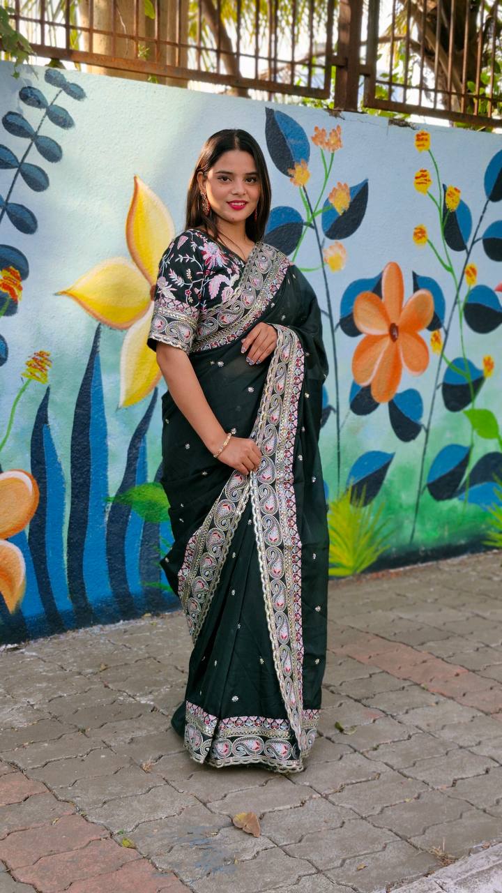 ORGENZA SILK WITH SEQUENCE EMBROIDERY DESIGN WITH EMBROIDERY LACE WORK SAREE - INSPIRED - qivii