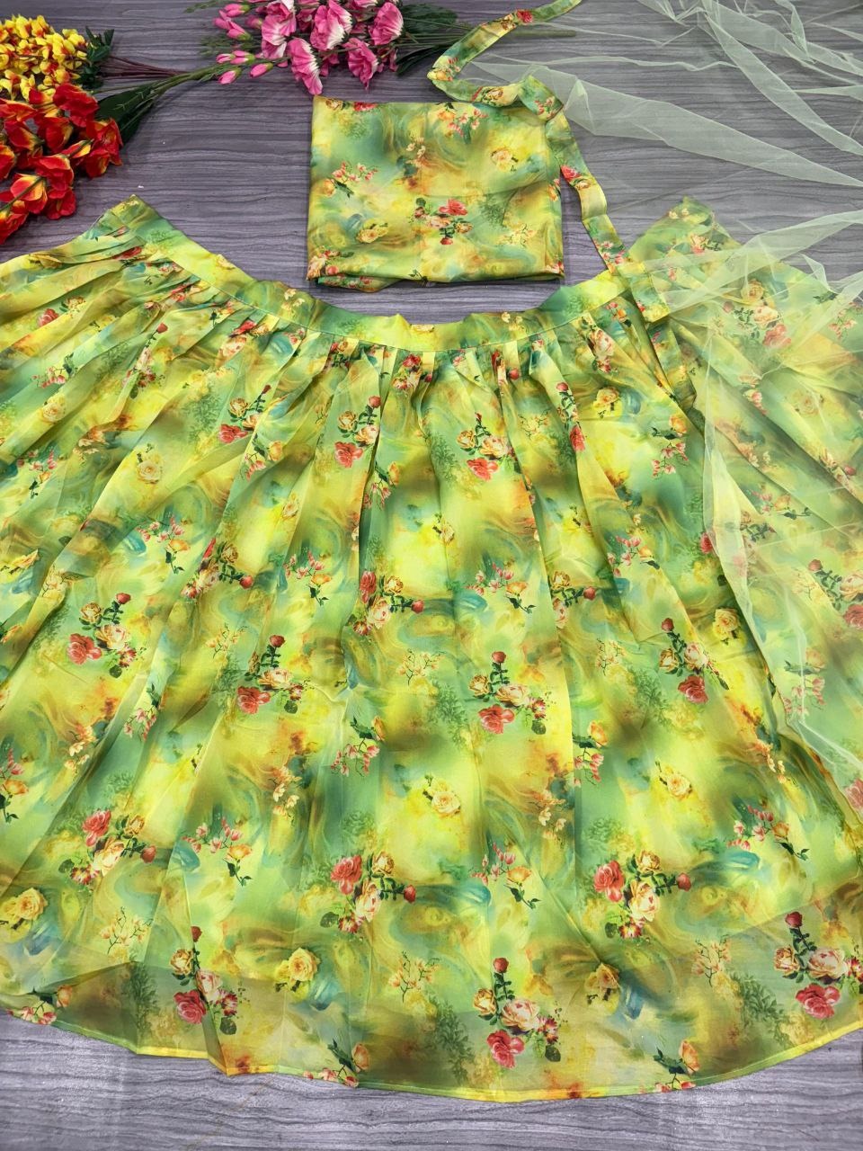 Green Premium Tabby Silk Embellished With Beautiful Floral Print With Heavy Cancan Lehenga - INSPIRED | Ready To Wear - qivii