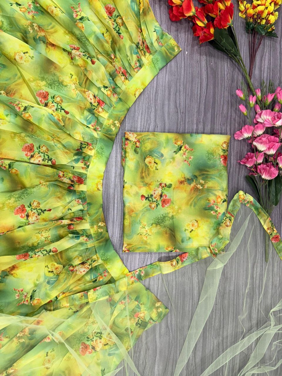 Green Premium Tabby Silk Embellished With Beautiful Floral Print With Heavy Cancan Lehenga - INSPIRED | Ready To Wear - qivii
