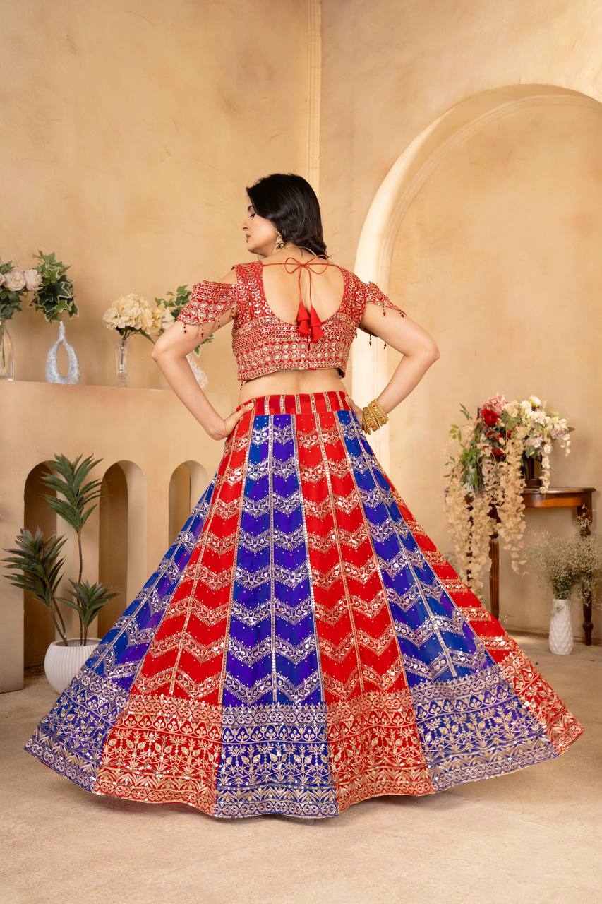 MULTI COLOR PURE FAUX GEORGEET EMBROIDERY SEQUENCE DESIGN WORK LEHENGA - INSPIRED | Ready To Wear - qivii