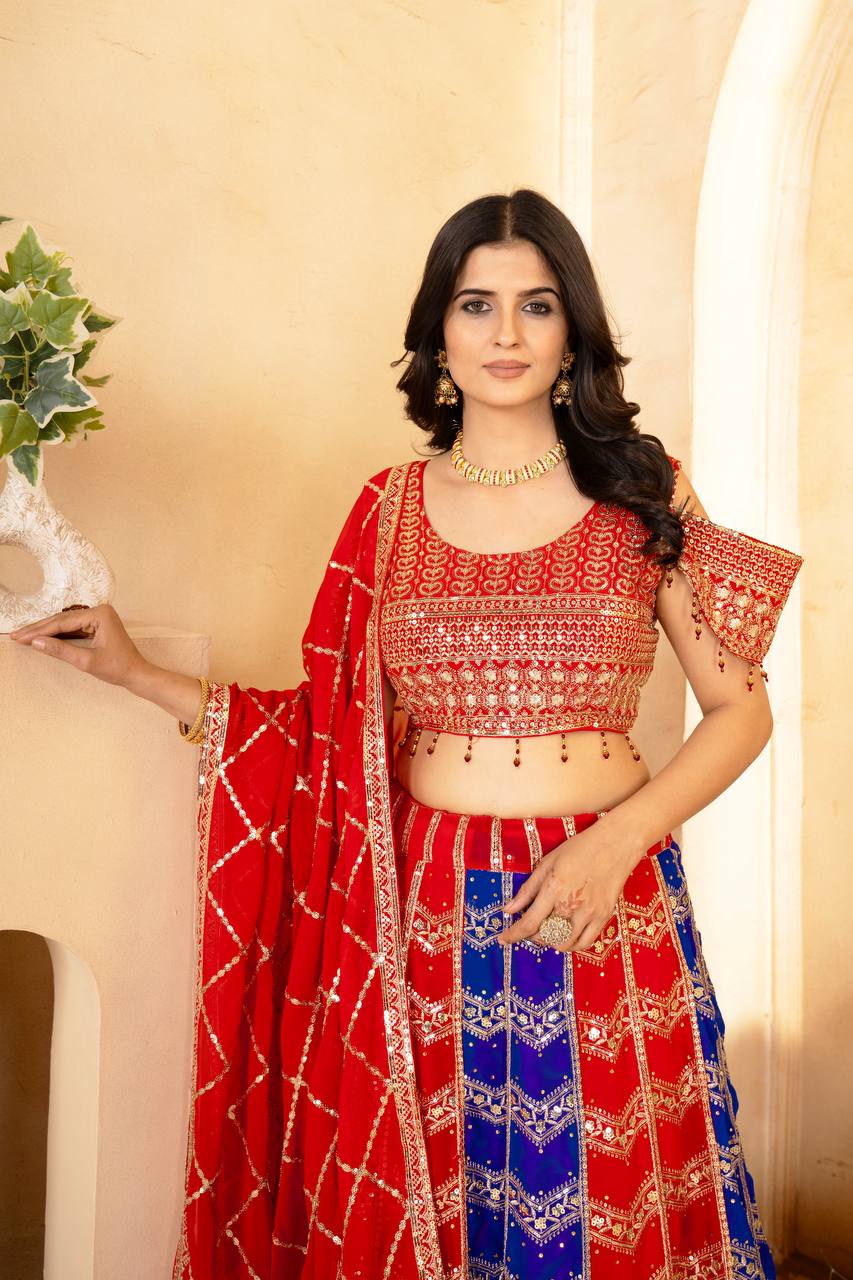 MULTI COLOR PURE FAUX GEORGEET EMBROIDERY SEQUENCE DESIGN WORK LEHENGA - INSPIRED | Ready To Wear - qivii