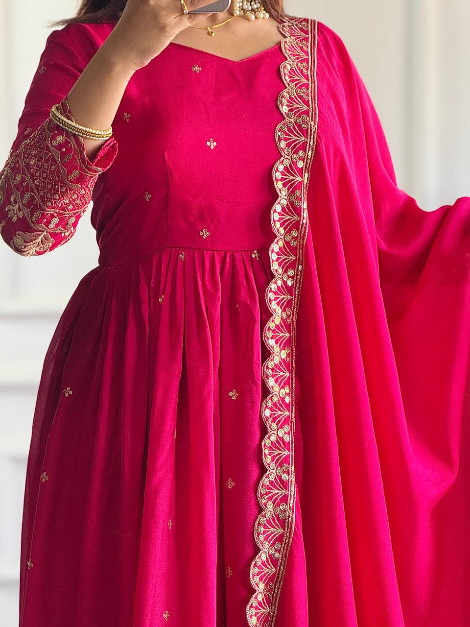 PINK BLOOMING VICHITRA SILK WITH EMBROIDERY SEQUENCE DESIGN WORK ANARKALI SUIT - qivii