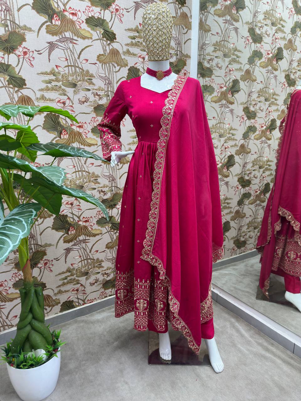 PINK BLOOMING VICHITRA SILK WITH EMBROIDERY SEQUENCE DESIGN WORK ANARKALI SUIT - qivii