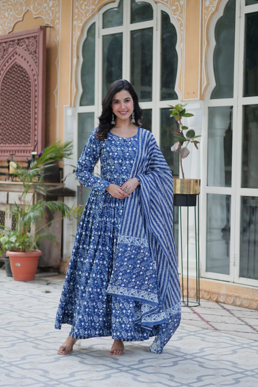 Blue Pure Cotton Fancy Round Neck Anarkali Suit - qivii