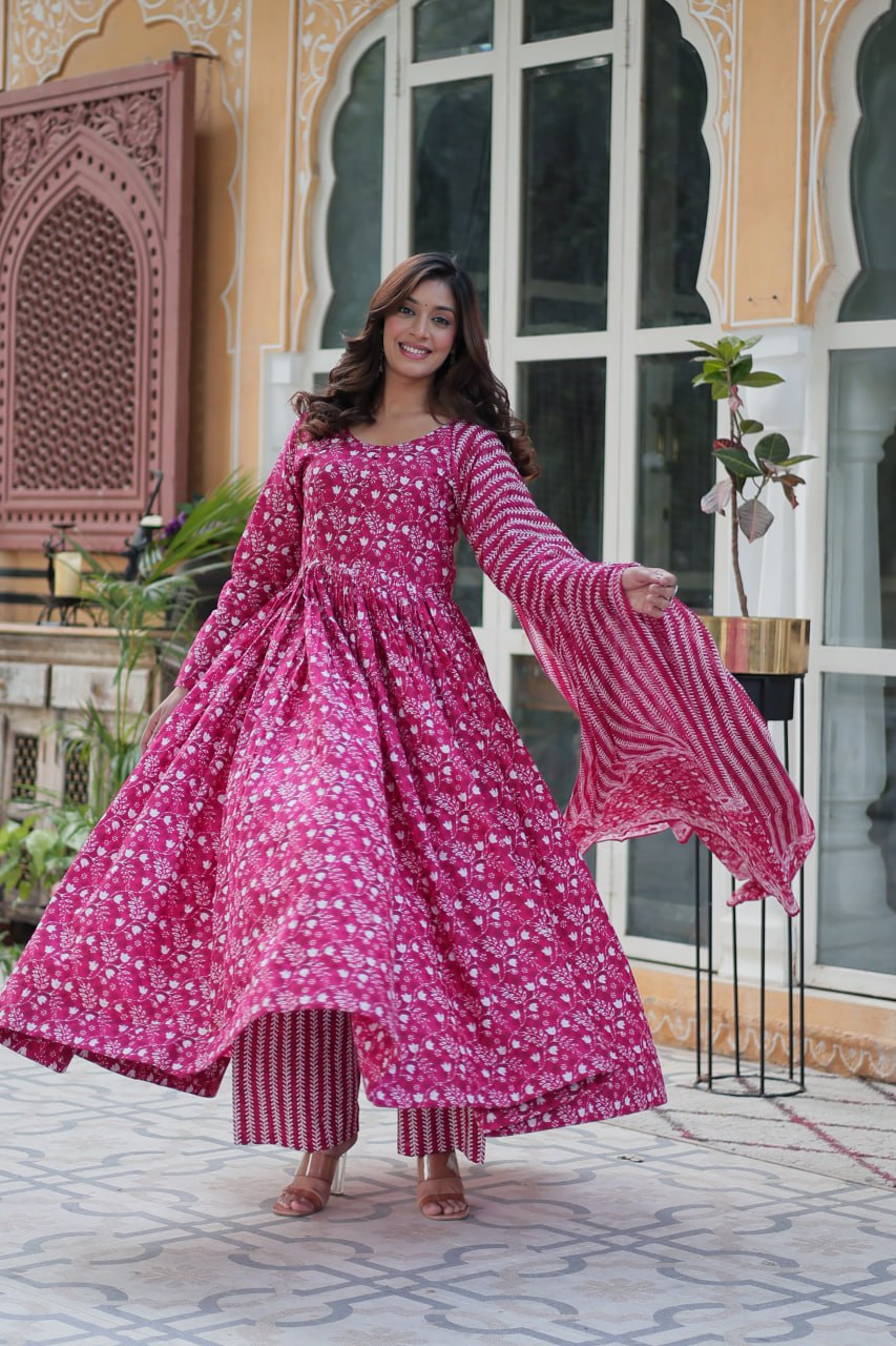 Pink Pure Cotton Fancy Round Neck Anarkali Suit - qivii