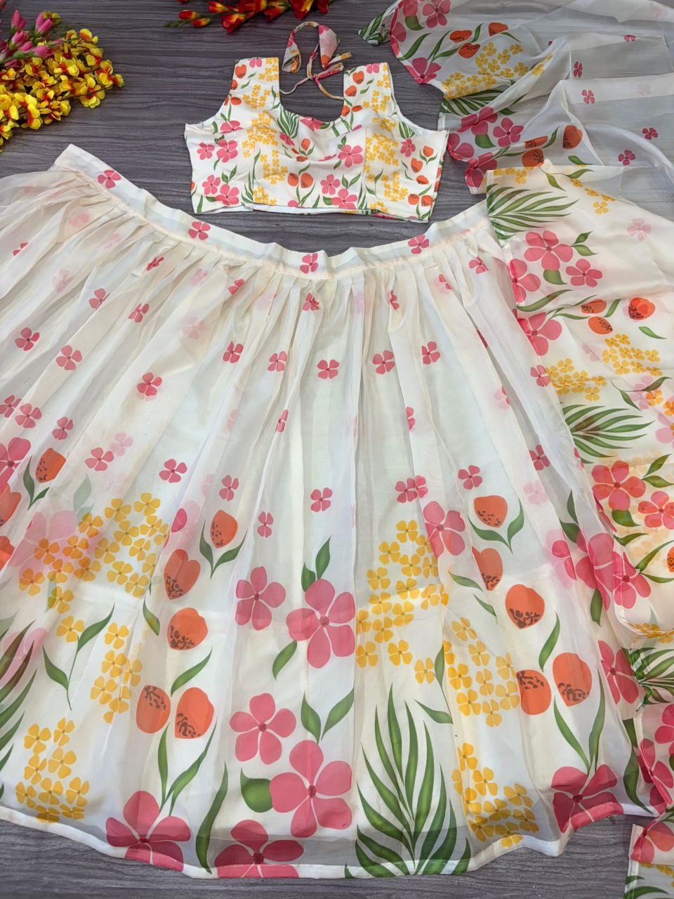 White Premium Taby Silk With Beautiful Floral Print With Heavy Cancan Lehenga - INSPIRED | Ready To Wear - qivii