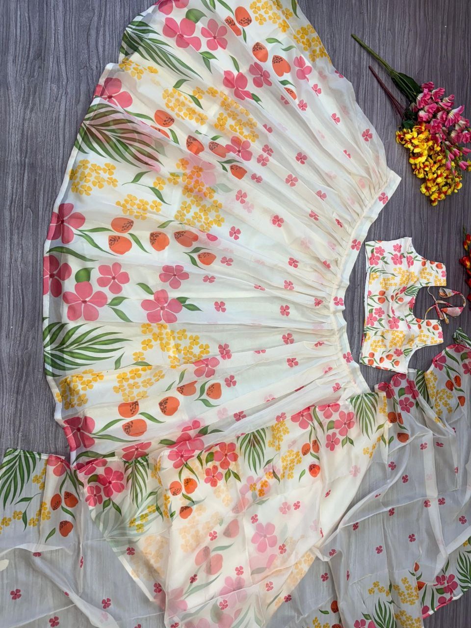 White Premium Taby Silk With Beautiful Floral Print With Heavy Cancan Lehenga - INSPIRED | Ready To Wear - qivii