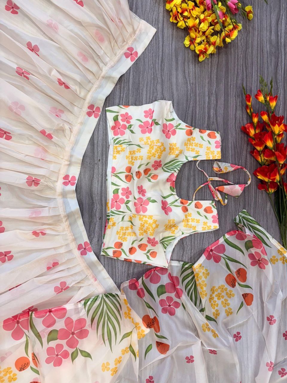 White Premium Taby Silk With Beautiful Floral Print With Heavy Cancan Lehenga - INSPIRED | Ready To Wear - qivii