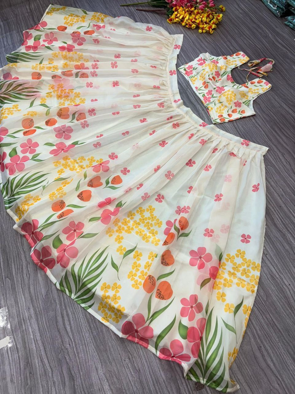 White Premium Taby Silk With Beautiful Floral Print With Heavy Cancan Lehenga - INSPIRED | Ready To Wear - qivii