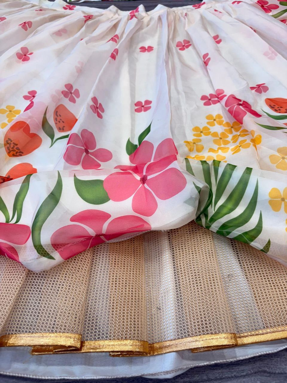 White Premium Taby Silk With Beautiful Floral Print With Heavy Cancan Lehenga - INSPIRED | Ready To Wear - qivii