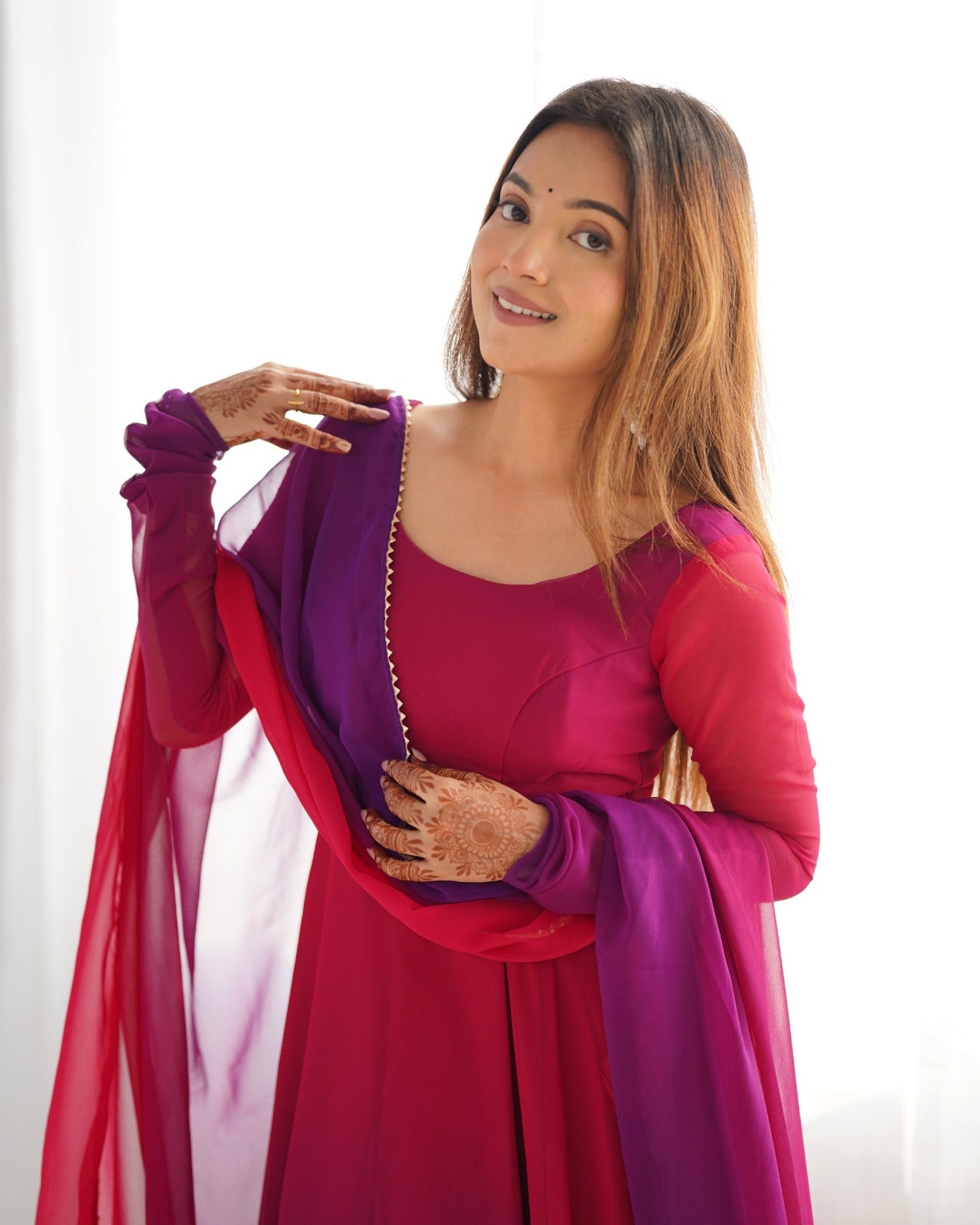 DARK PINK HEAVY PURE SOFT FOX GEORGETTE COLOURFULL PADDING ANARKALI SUIT - qivii