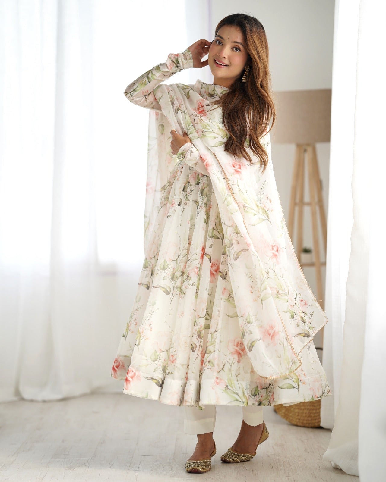 WHITE HEAVY PURE SOFT ORGANJA SILK PRINT ANARKALI SUIT - qivii