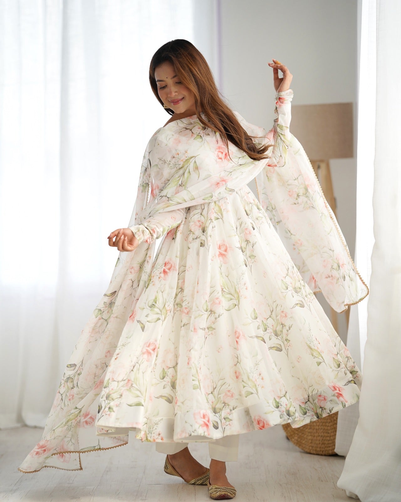 WHITE HEAVY PURE SOFT ORGANJA SILK PRINT ANARKALI SUIT - qivii