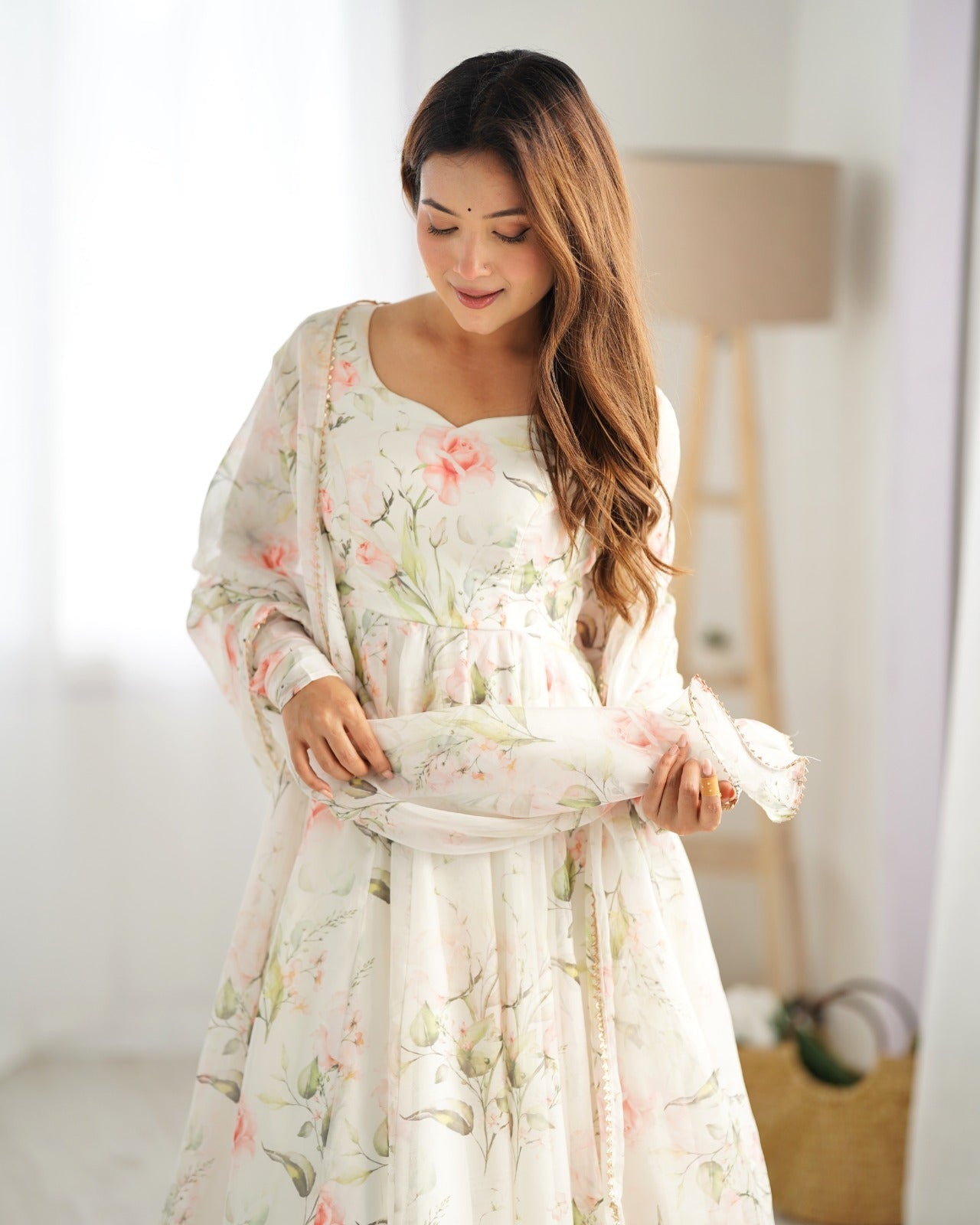 WHITE HEAVY PURE SOFT ORGANJA SILK PRINT ANARKALI SUIT - qivii