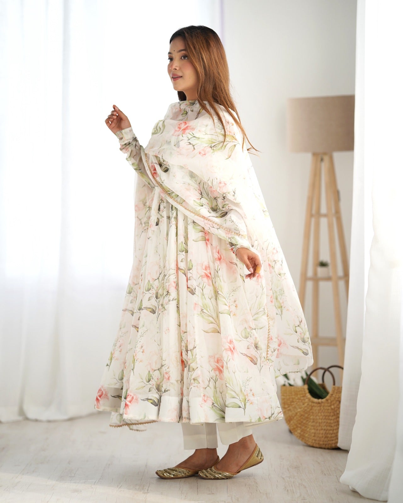 WHITE HEAVY PURE SOFT ORGANJA SILK PRINT ANARKALI SUIT - qivii