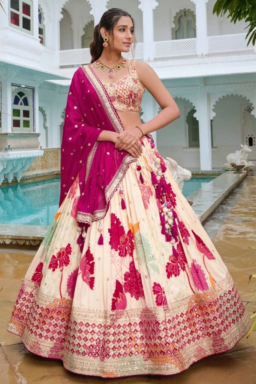 PINK CHINON EMBROIDERY CODDING SEQUENCE DESIGN WORK LEHENGA - INSPIRED | Ready To Wear - qivii