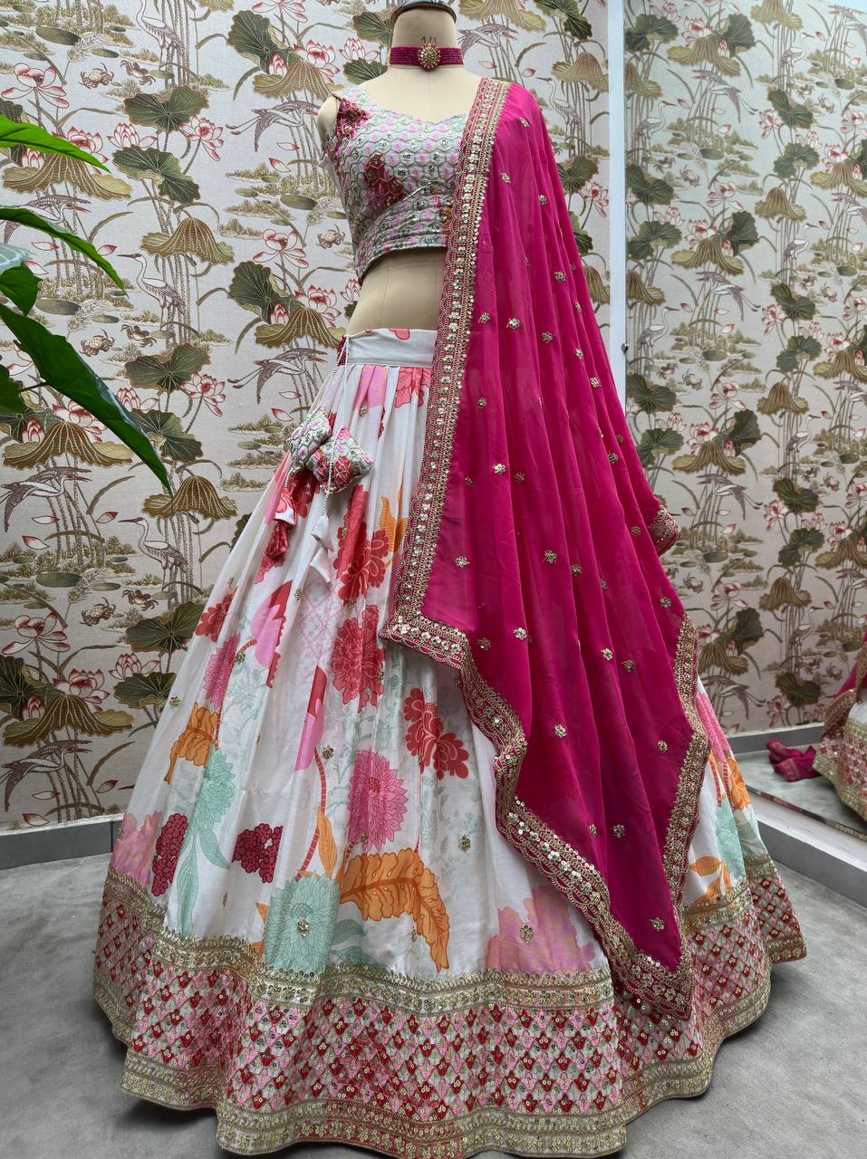 PINK CHINON EMBROIDERY CODDING SEQUENCE DESIGN WORK LEHENGA - INSPIRED | Ready To Wear - qivii