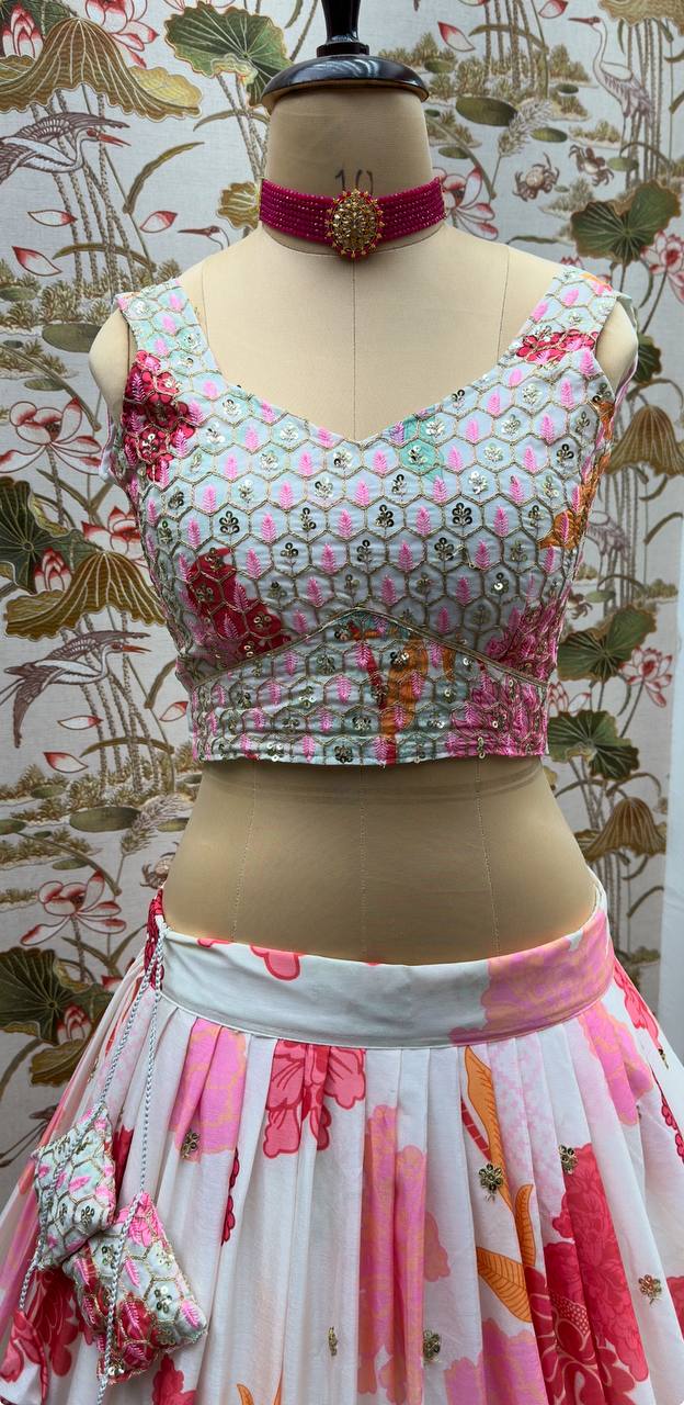 PINK CHINON EMBROIDERY CODDING SEQUENCE DESIGN WORK LEHENGA - INSPIRED | Ready To Wear - qivii