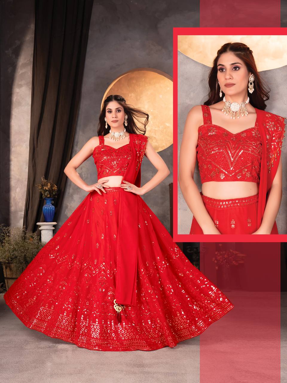 RED FAUX GEORGEET WITH EMBROIDERY SEQUENCE DESIGN WORK LEHENGA - INSPIRED | Ready To Wear - qivii