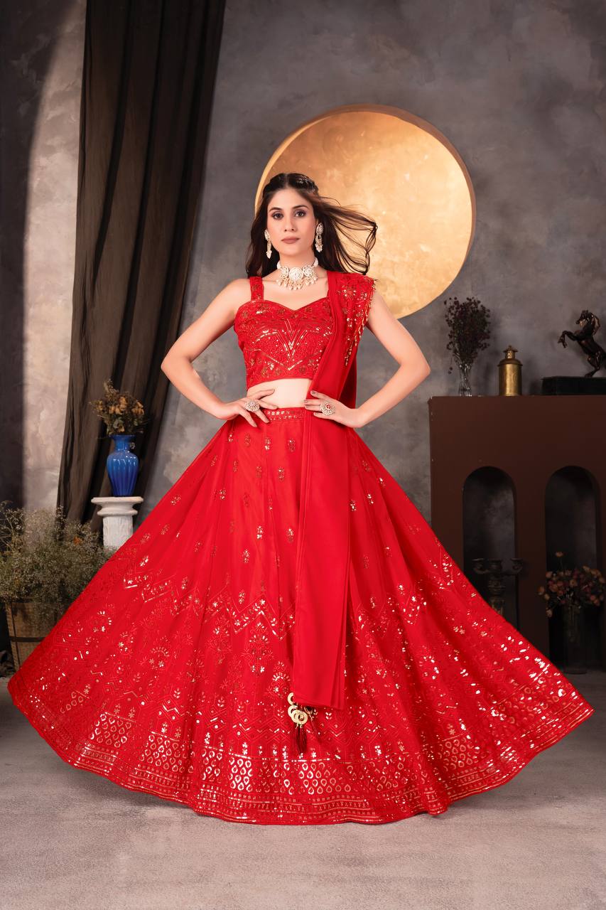 RED FAUX GEORGEET WITH EMBROIDERY SEQUENCE DESIGN WORK LEHENGA - INSPIRED | Ready To Wear - qivii