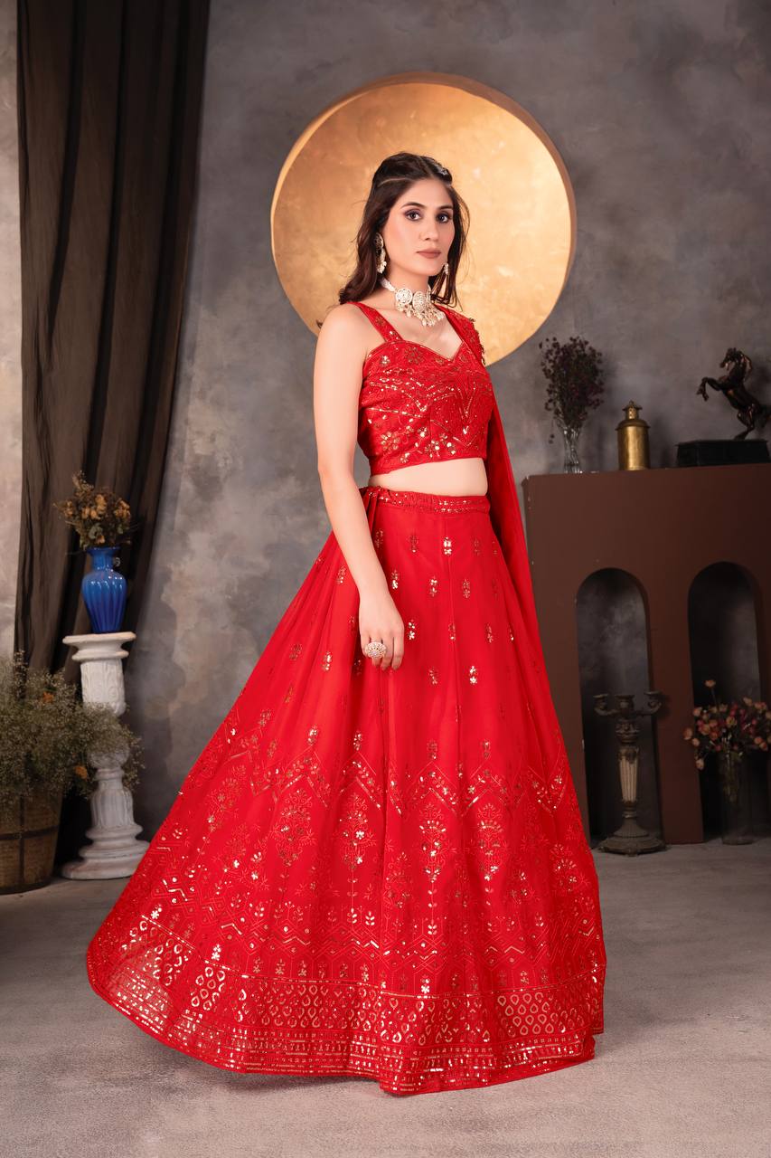 RED FAUX GEORGEET WITH EMBROIDERY SEQUENCE DESIGN WORK LEHENGA - INSPIRED | Ready To Wear - qivii