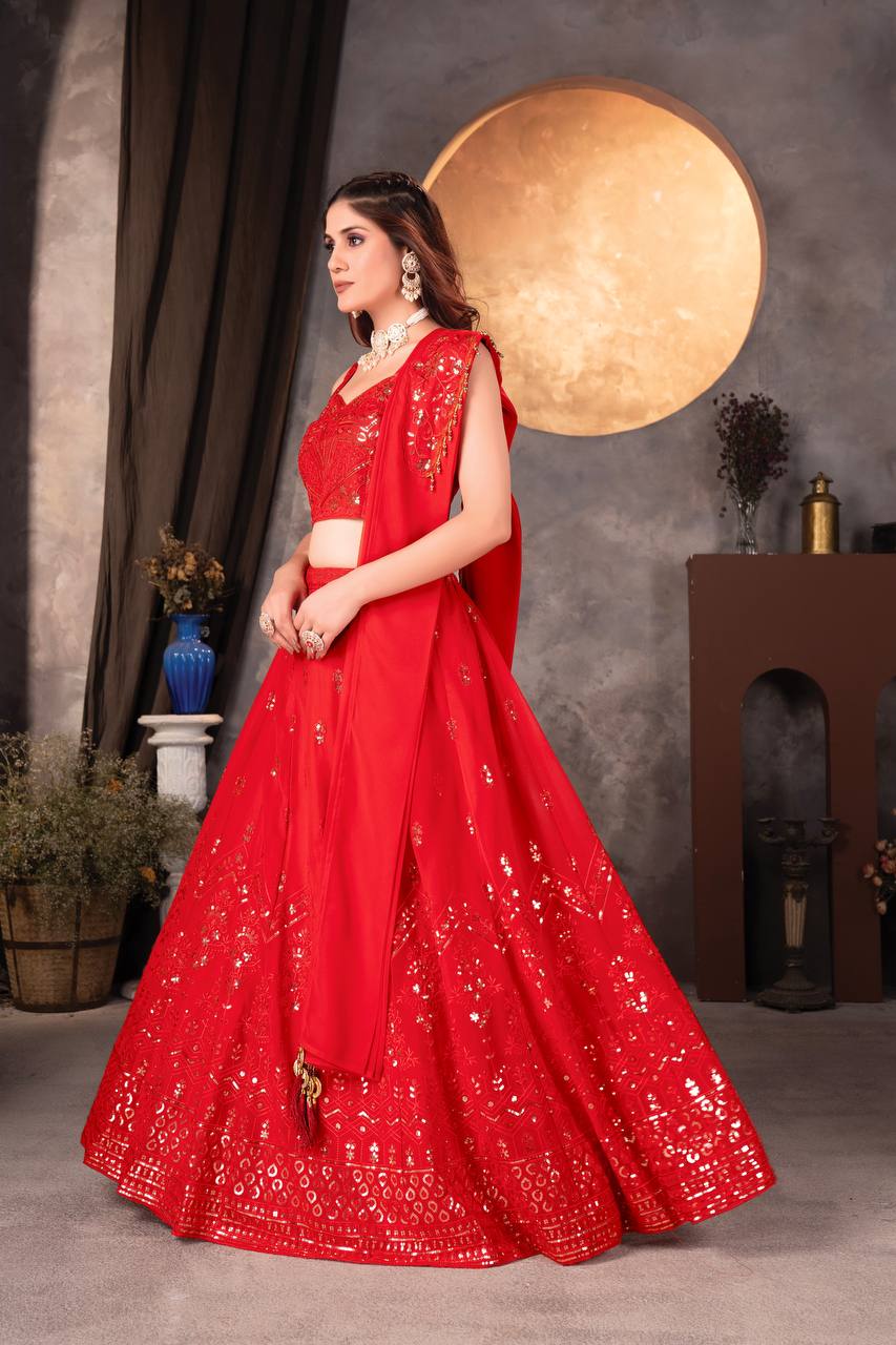 RED FAUX GEORGEET WITH EMBROIDERY SEQUENCE DESIGN WORK LEHENGA - INSPIRED | Ready To Wear - qivii