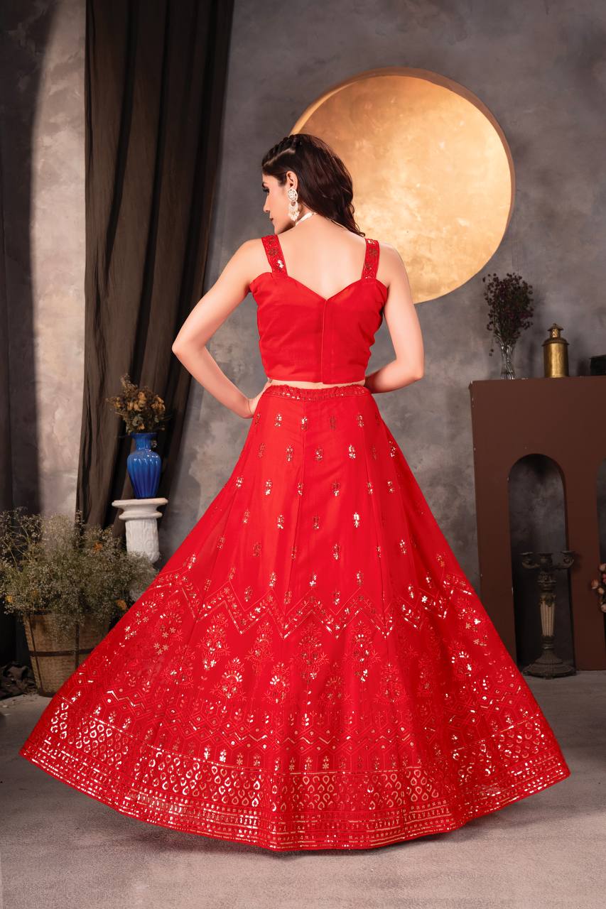 RED FAUX GEORGEET WITH EMBROIDERY SEQUENCE DESIGN WORK LEHENGA - INSPIRED | Ready To Wear - qivii