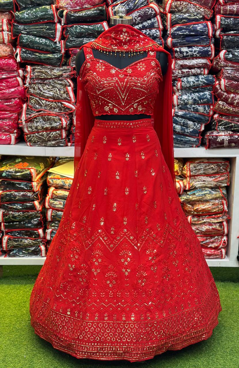 RED FAUX GEORGEET WITH EMBROIDERY SEQUENCE DESIGN WORK LEHENGA - INSPIRED | Ready To Wear - qivii