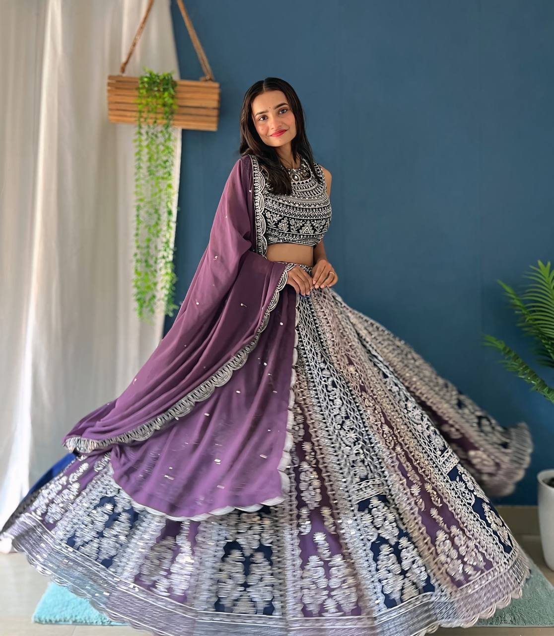 PURPLE FAUX GEORGEET WITH EMBROIDERY SEQUENCE DESIGN WORK LEHENGA - INSPIRED | Ready To Wear - qivii